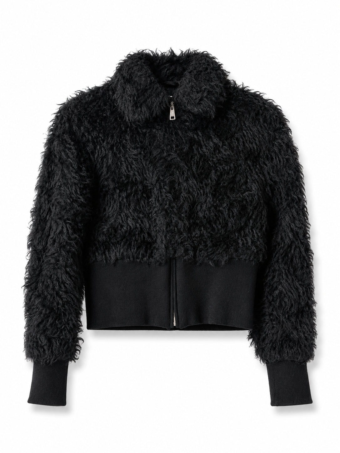 Black Prada cropped teddy jacket, stylish blazer with soft teddy fabric, perfect for a trendy and cozy look.