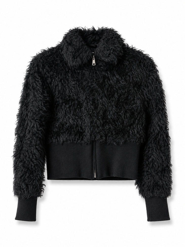 Black Prada cropped teddy jacket, stylish blazer with soft teddy fabric, perfect for a trendy and cozy look.
