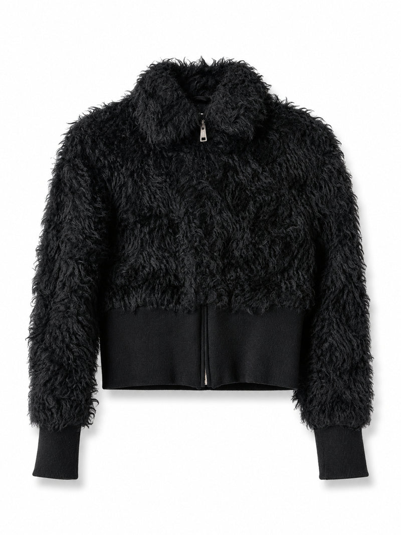 Black Prada cropped teddy jacket, stylish blazer with soft teddy fabric, perfect for a trendy and cozy look.