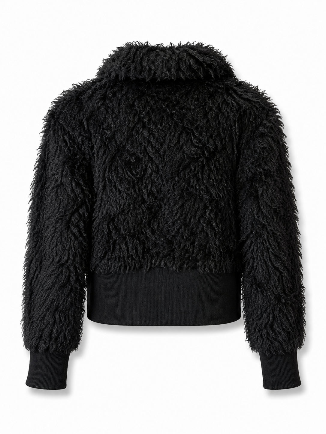 Back view of Prada black cropped teddy jacket, a stylish blazer and jacket hybrid with plush texture and modern design.