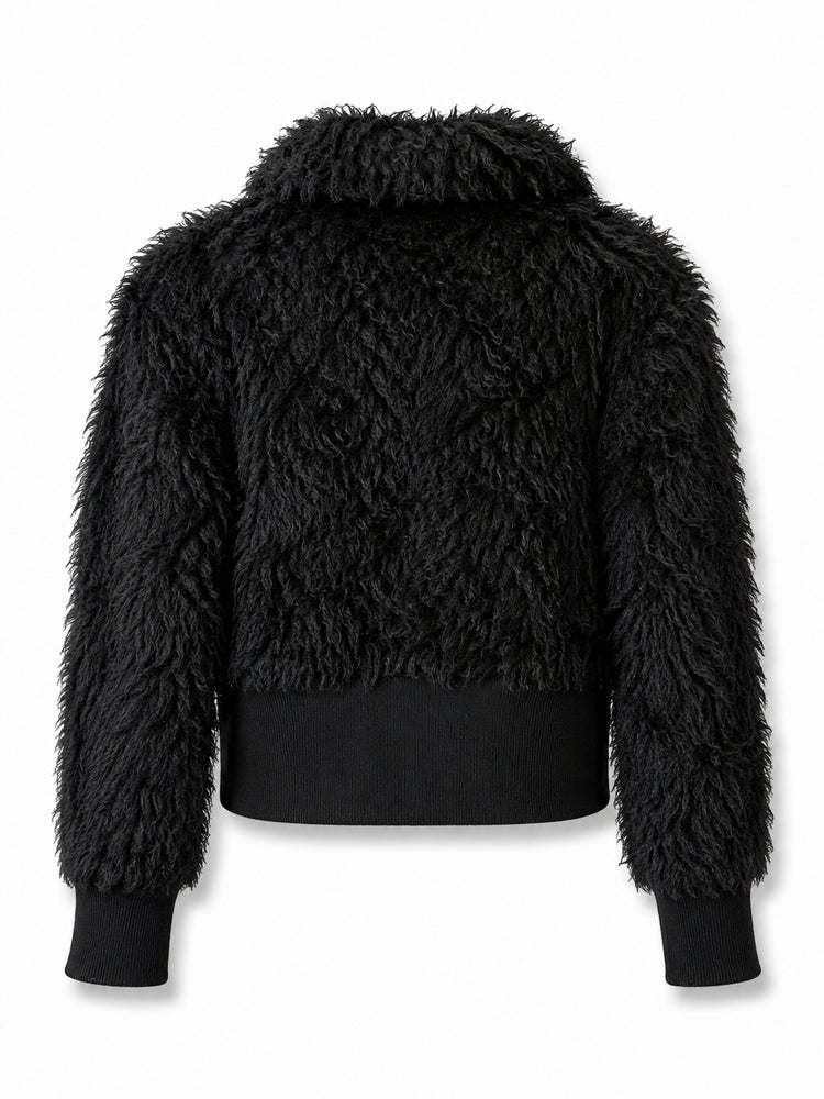 Back view of Prada black cropped teddy jacket, a stylish blazer and jacket hybrid with plush texture and modern design.