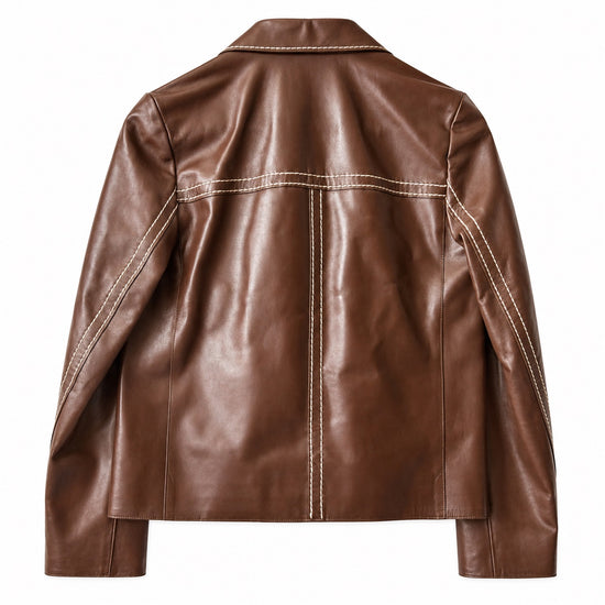 Prada brown leather jacket with topstitch trim, shown from the back view, featuring classic blazer style and detailed stitching.