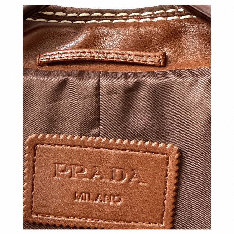 Prada brown leather jacket with topstitch trim, stylish blazer or jacket for a sophisticated look.