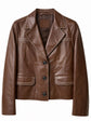 Prada brown leather jacket with topstitch trim, front view showcasing tailored blazer style and sleek design.