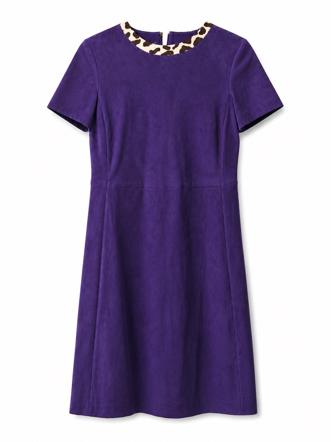 Purple Prada suede dress with leopard print collar, featuring a stylish and elegant design perfect for sophisticated occasions.