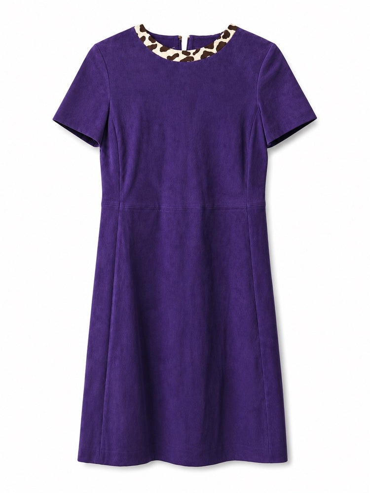 Purple Prada suede dress with leopard print collar, featuring a stylish and elegant design perfect for sophisticated occasions.