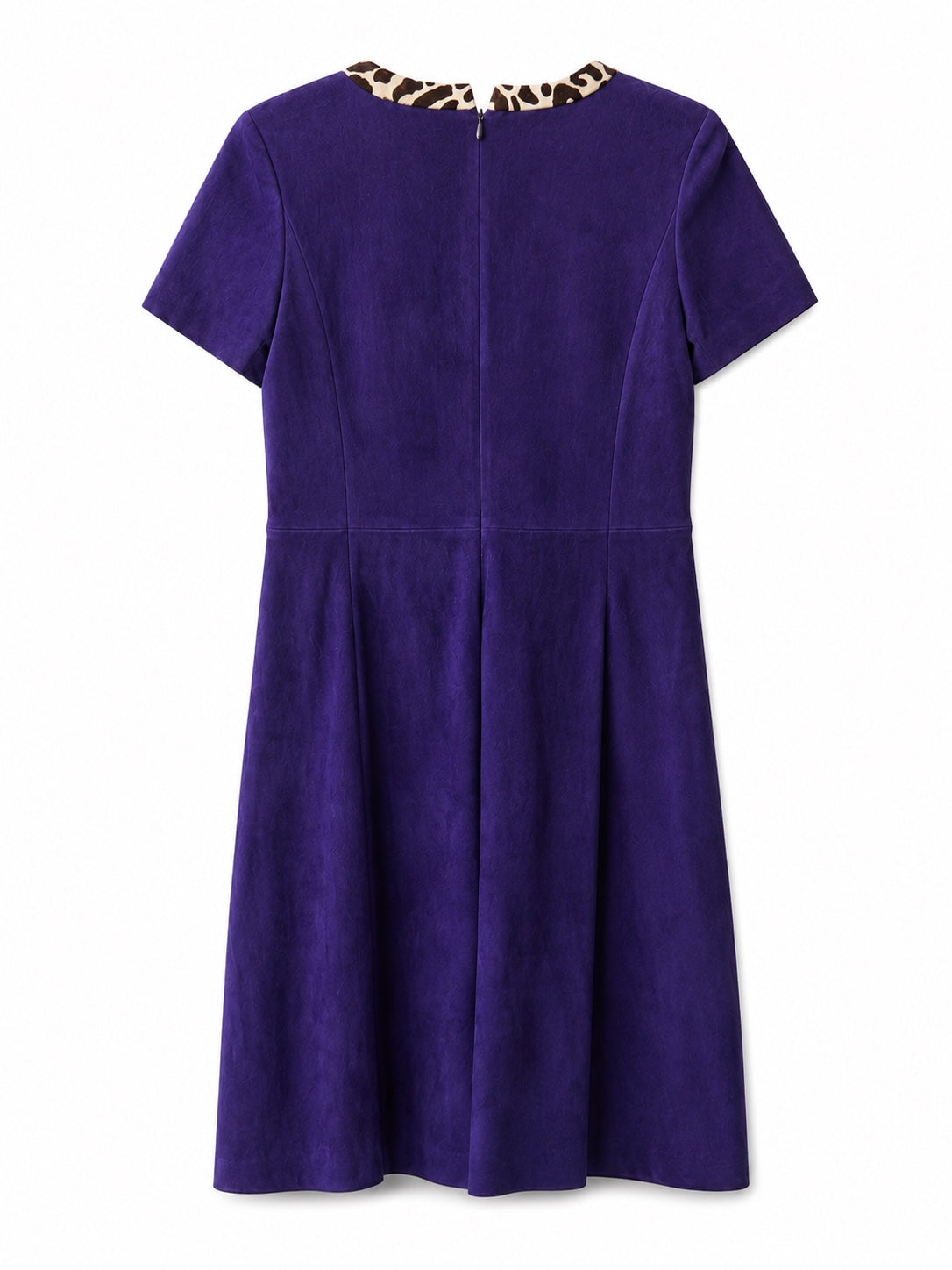 Back view of Prada leopard print collar suede dress showcasing its stylish design and luxurious fabric details.