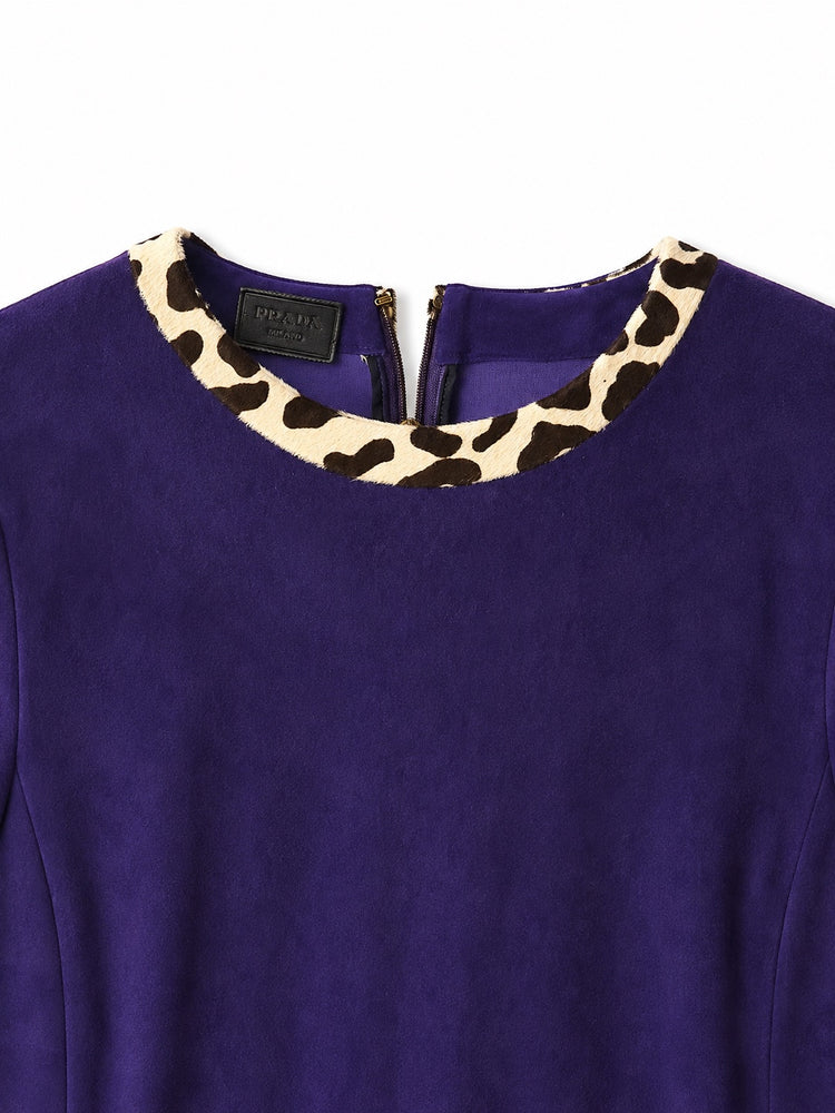 Prada leopard print collar suede dress featuring a stylish design with a purple shift style and elegant detailing.