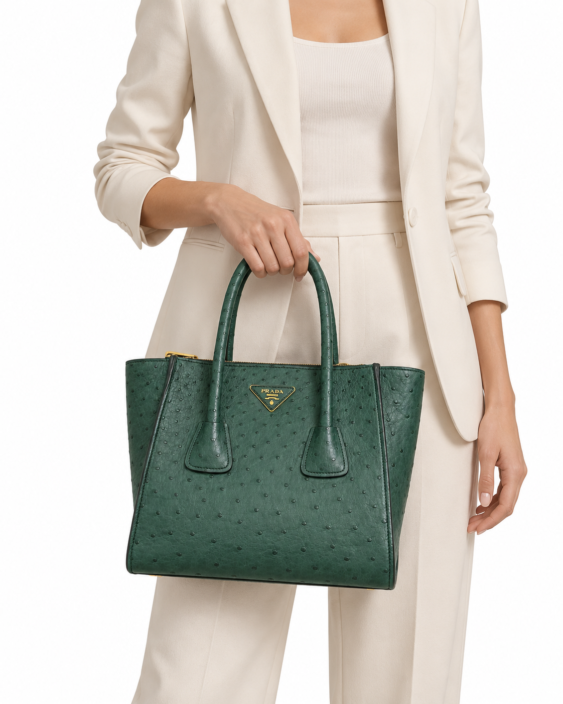 Prada emerald ostrich leather tote, front view