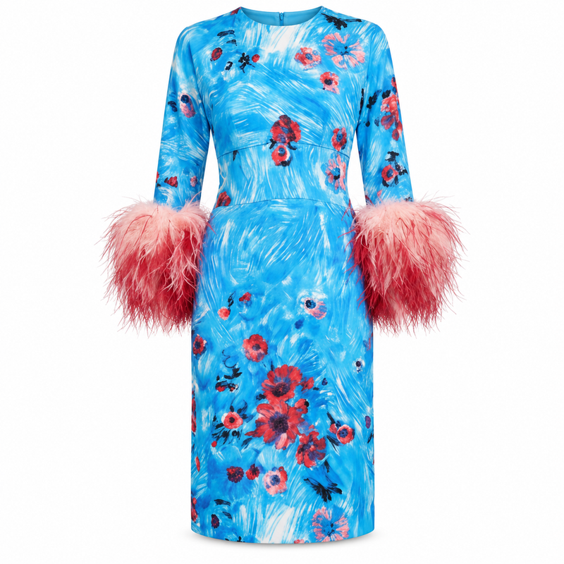 Prada 2017 feather dress with layered feather details, elegant design, and flowing silhouette perfect for formal occasions.