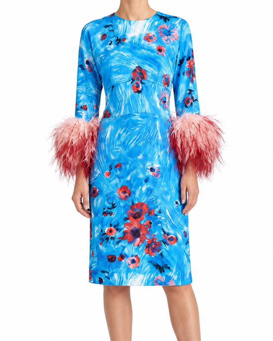 Prada 2017 feather dress with delicate feather details, elegant sleeveless design, and flowing silhouette suitable for formal occasions.
