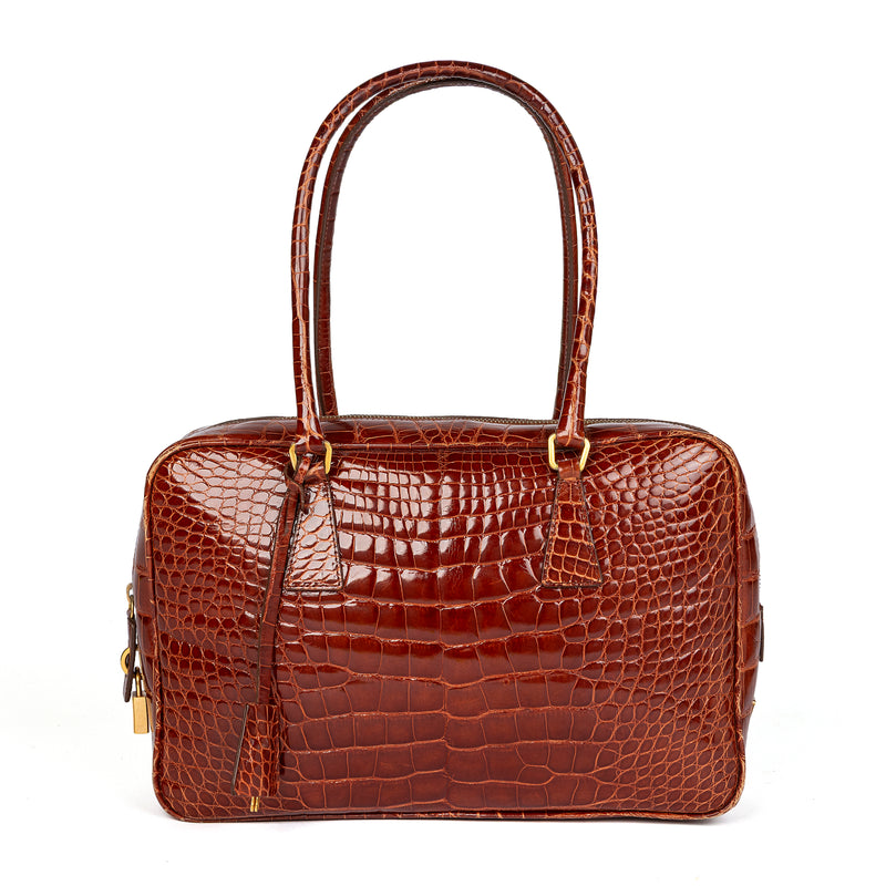 Prada Bauletto shoulder bag in red crocodile leather, front view