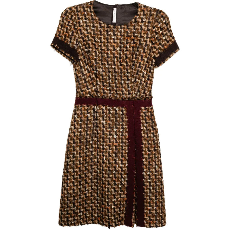 Prada brown tweed dress with a tailored fit, featuring classic design and textured fabric, perfect for elegant occasions.