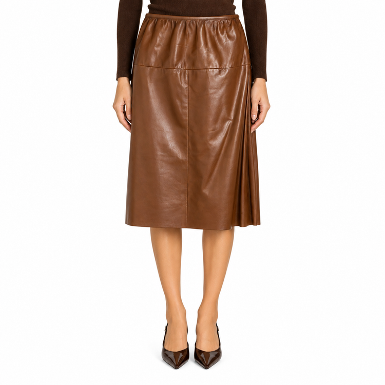 Brown leather A-line skirt by Prada, showing smooth texture and classic silhouette, styled for a sophisticated look.