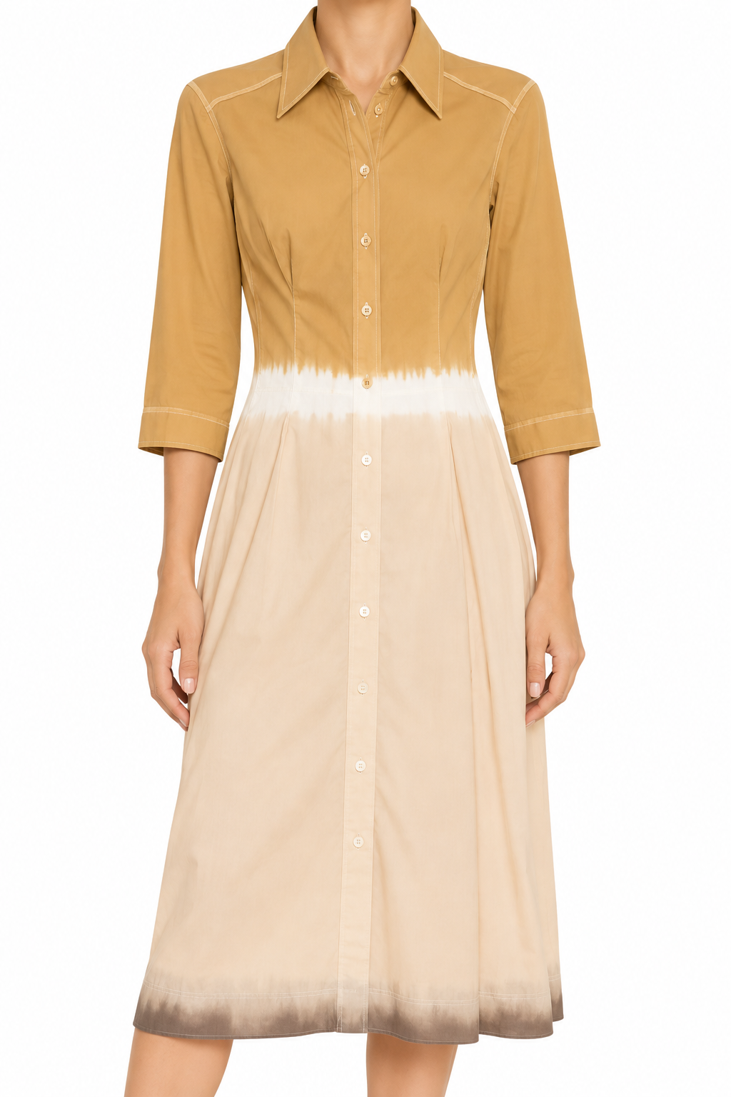 Prada Dégradé Shirt Dress featuring a flowing, multicolored gradient fabric and classic collar, long sleeves, and button-down front.