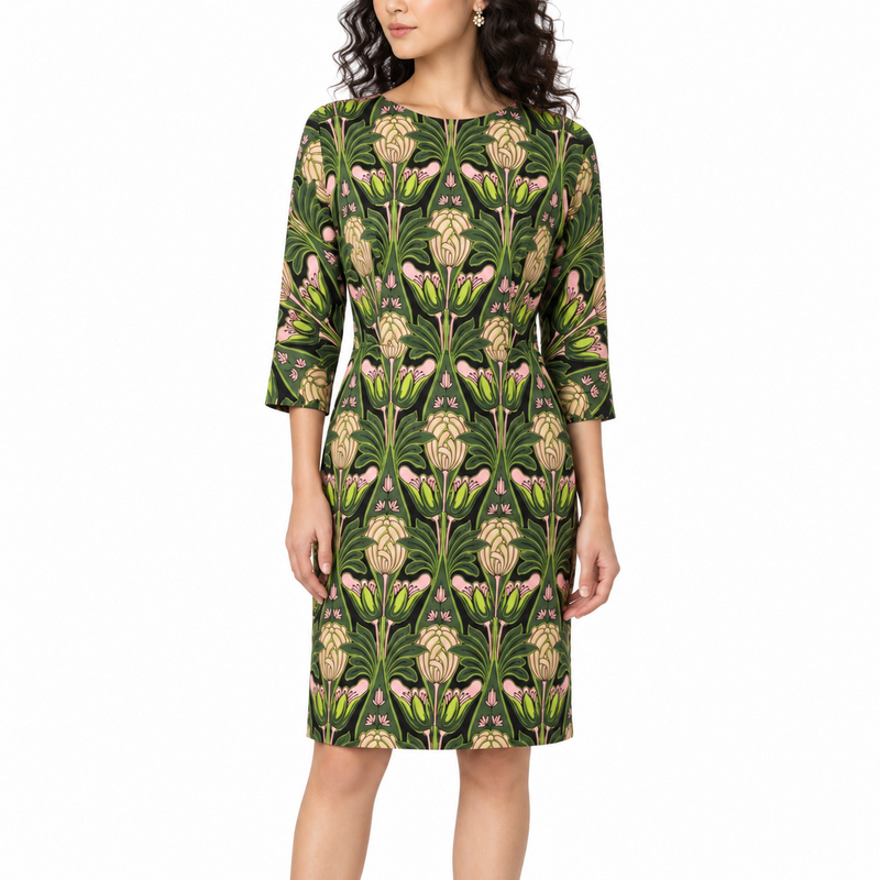 Prada 2003 floral sheath dress featuring green and pink Art Nouveau-inspired floral print, fitted silhouette, and elegant design.