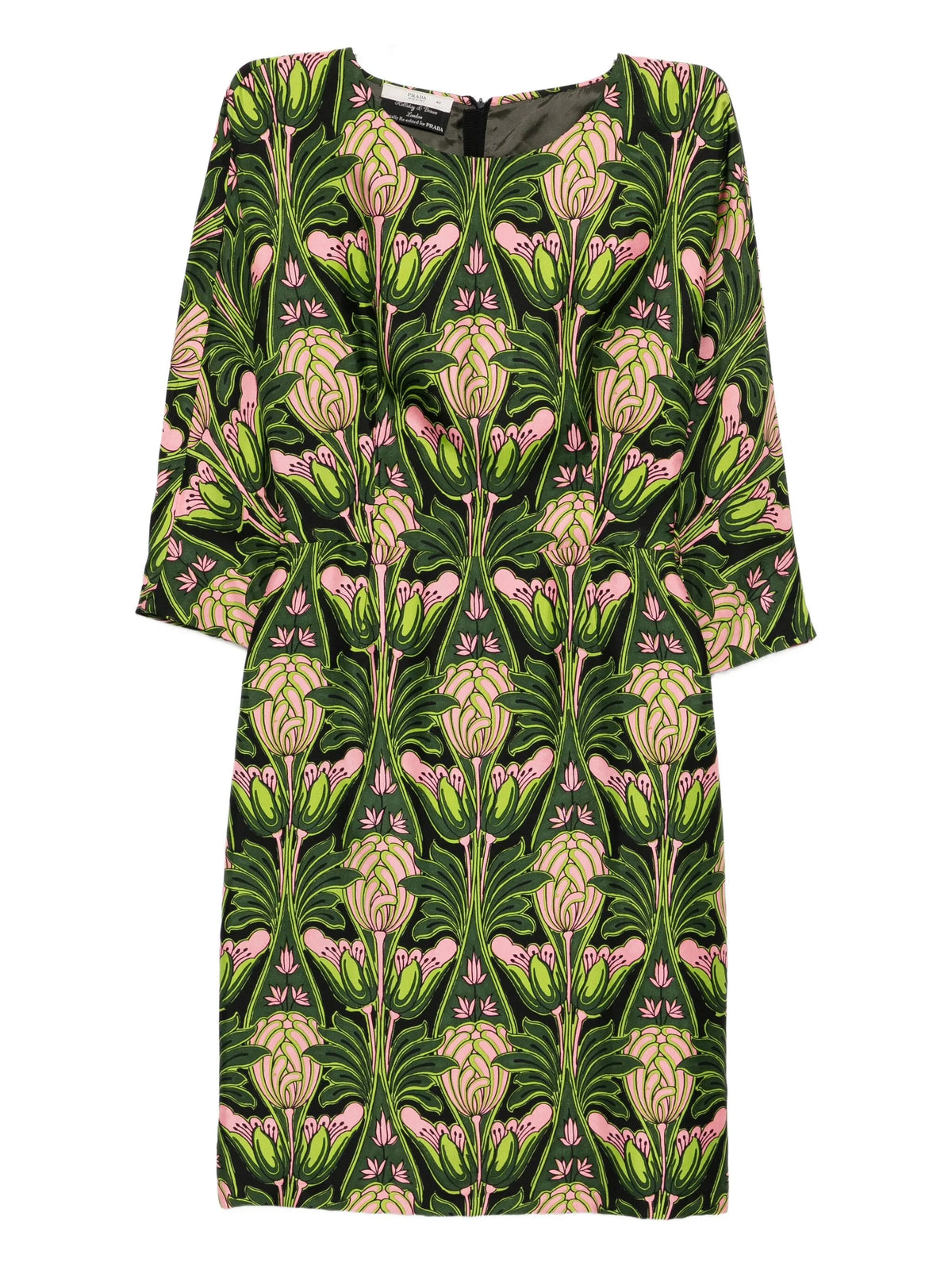 Pink and green floral Prada dress from fall 2003, featuring a vibrant pattern and elegant design for stylish wear.