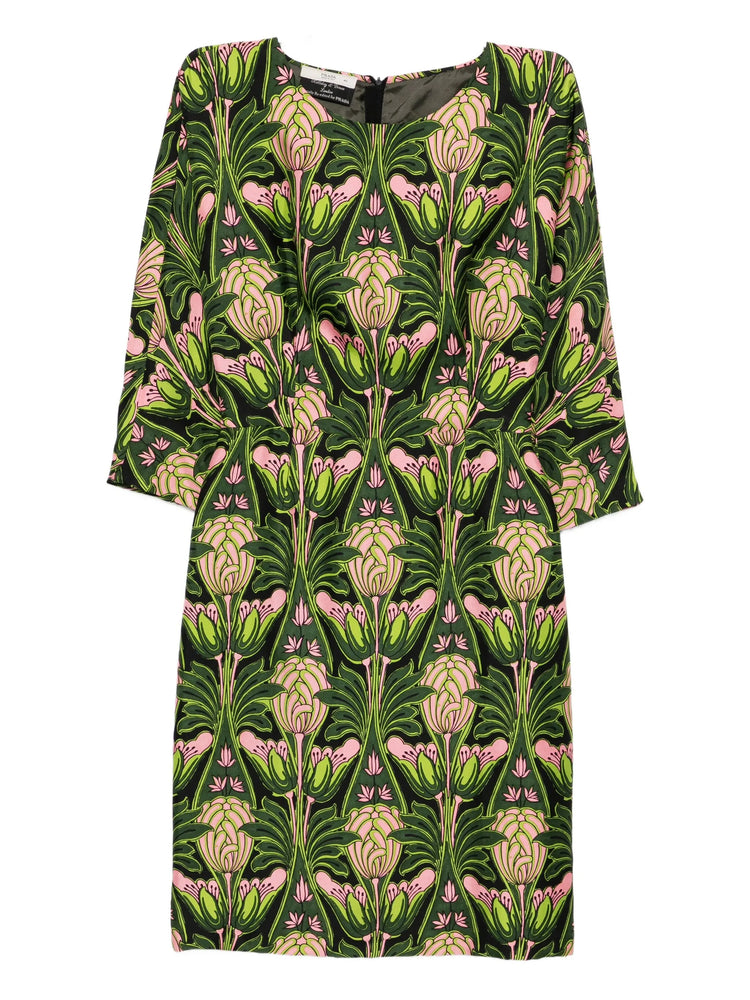 Pink and green floral Prada dress from fall 2003, featuring a vibrant pattern and elegant design for stylish wear.
