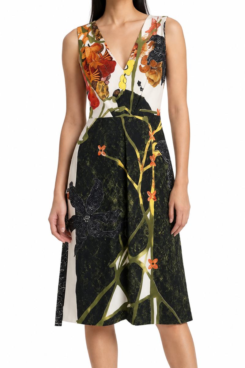 Prada Fall/Winter 2016 multicolour floral print sleeveless dress with deep V-neckline, fluid viscose silhouette and concealed rear fastening.