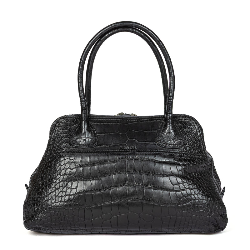 Prada Mirage tote bag in black crocodile leather, front view
