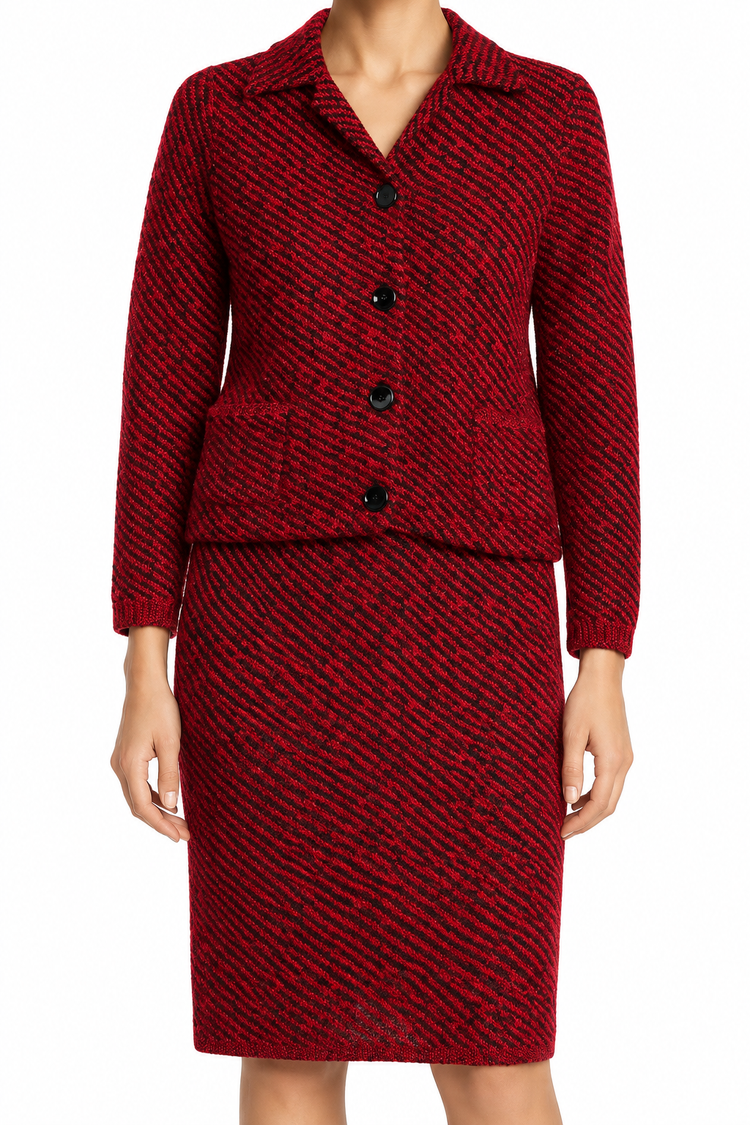 Red textured knit blazer and jacket set by Prada, three-piece knit outfit with stylish design and structured fit.