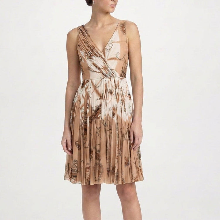 Brown Prada 2004 paisley dress with flowing fabric and intricate paisley pattern, perfect for elegant spring occasions.
