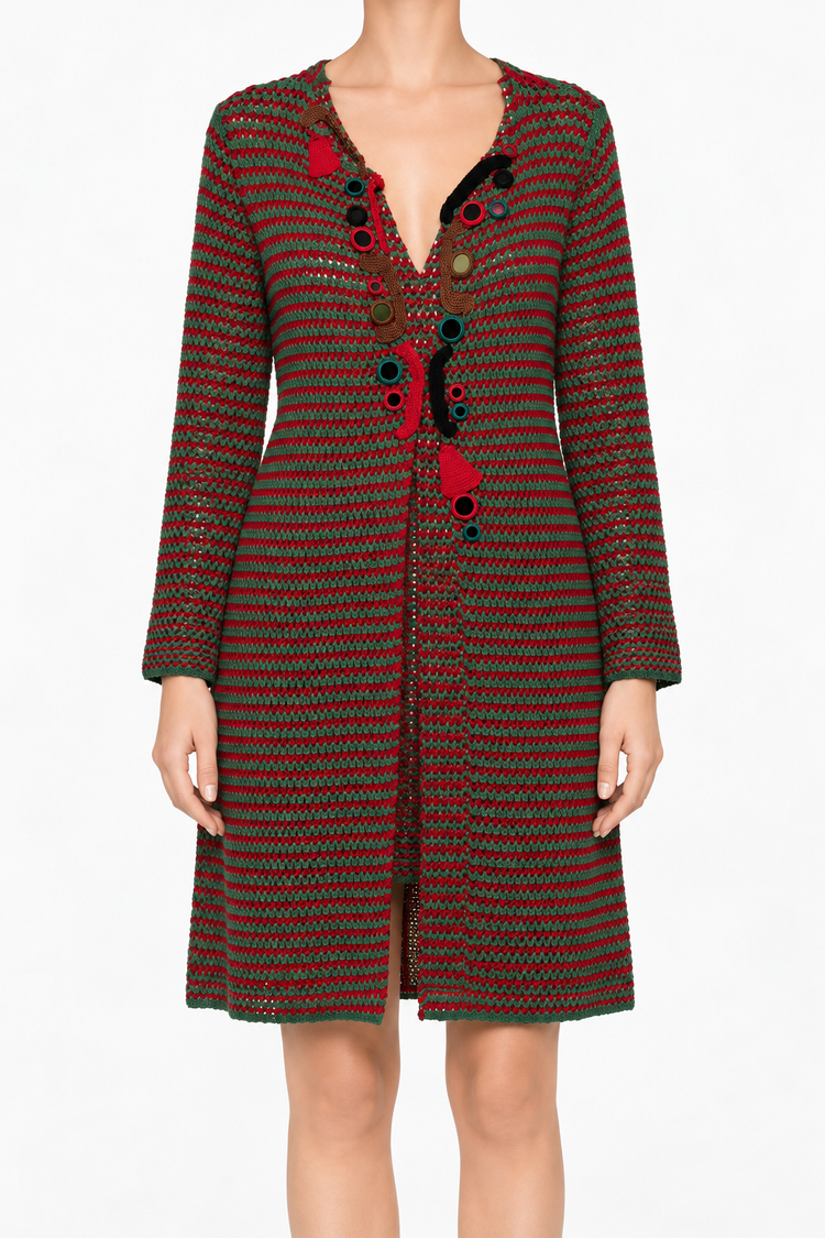 Prada Spring 2005 Look 13 green and red crochet cardigan coat with long sleeves, open-knit texture, front embellishment, longline silhouette and runway archive design.
