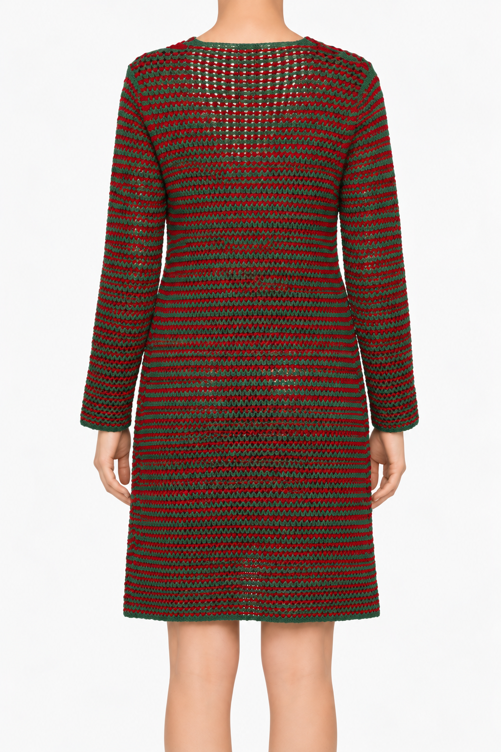Prada Spring 2005 Look 13 green and red crochet cardigan coat with long sleeves, open-knit texture, front embellishment, longline silhouette and runway archive design.