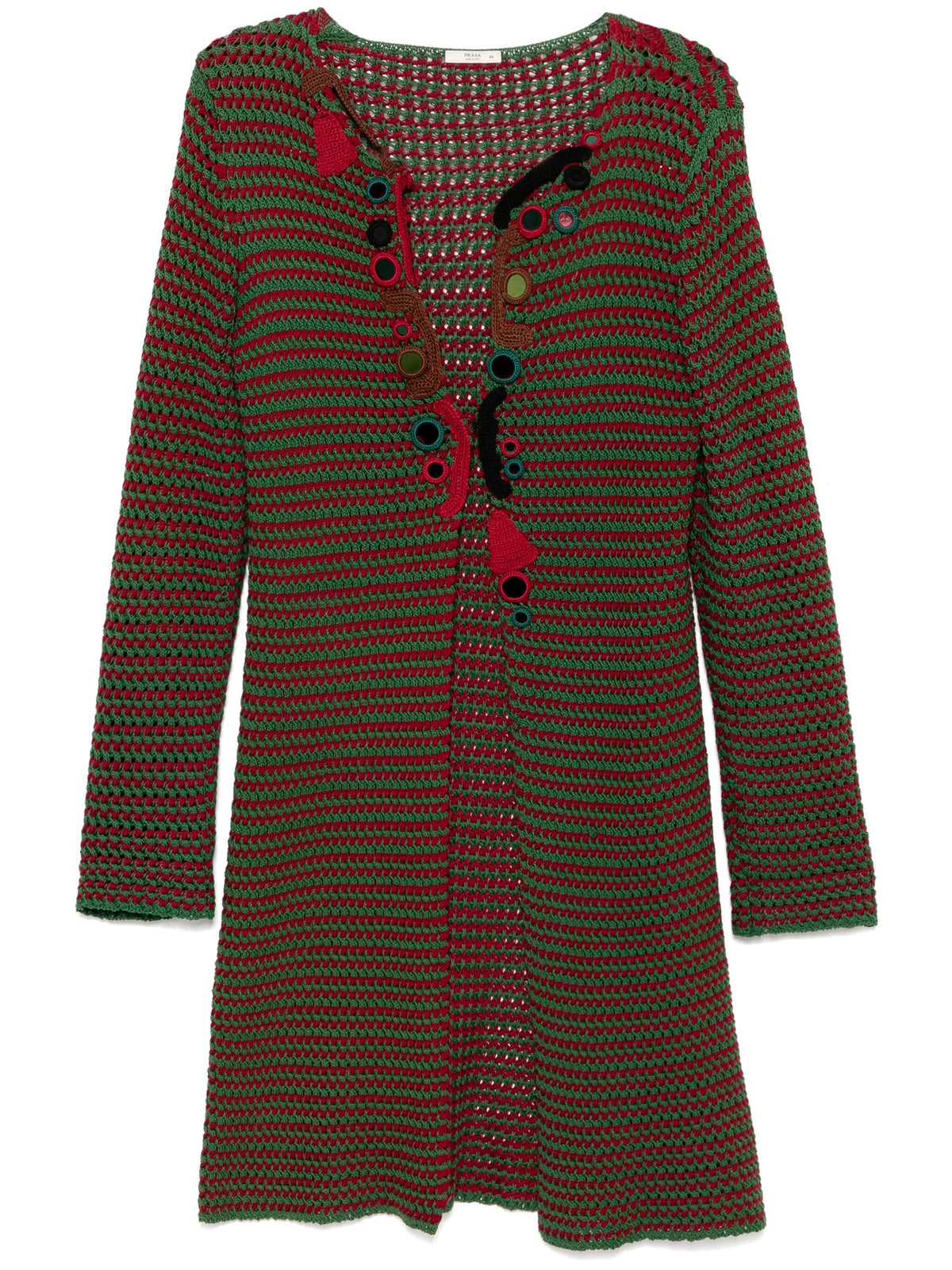 Prada Spring 2005 green crochet embellished cardigan coat with intricate detailing and a stylish, cozy design.