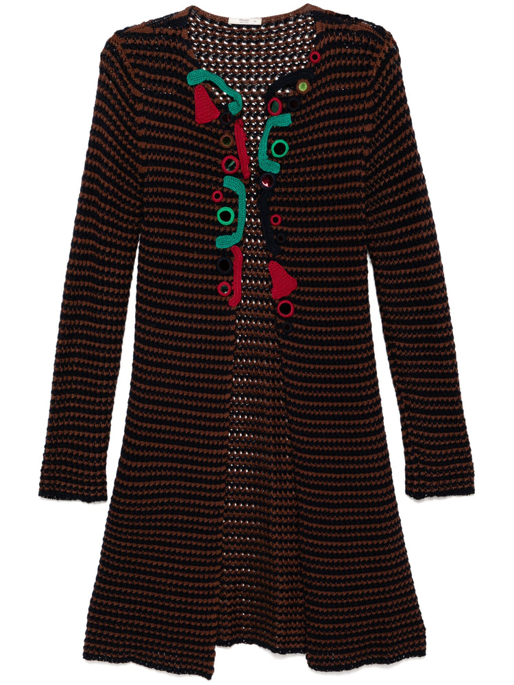 Navy Prada crochet embellished coat from Spring 2005 with detailed crochet patterns and stylish design.