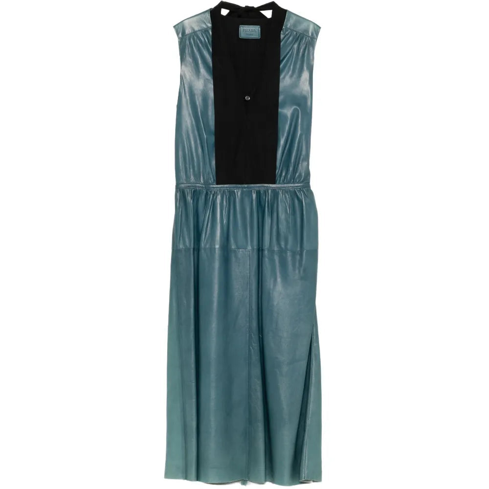 Prada teal leather dress featuring a fitted silhouette and elegant design, perfect for stylish occasions.