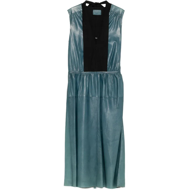 Prada teal leather dress featuring a fitted silhouette and elegant design, perfect for stylish occasions.