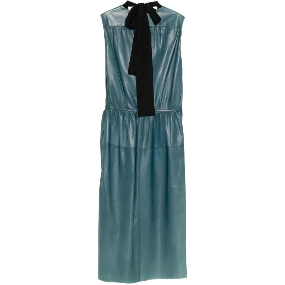 Prada teal leather dress featuring a fitted silhouette and sleek design, perfect for elegant occasions.