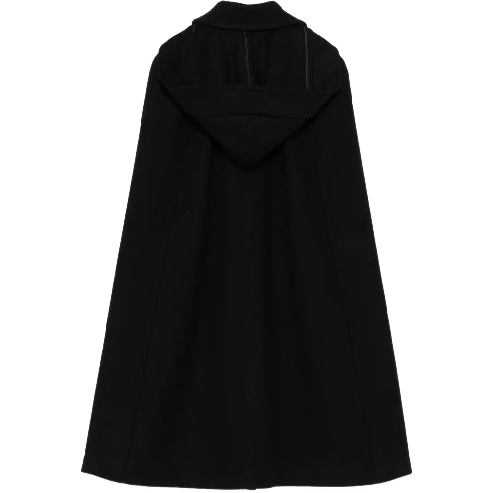 Prada wool cape with a detachable hood, stylish and cozy outerwear for cold weather, shown in a sleek, dark color.
