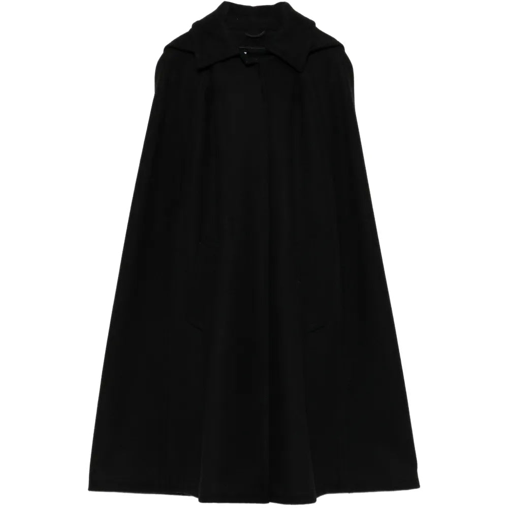 Prada wool cape with a detachable hood, stylish coat featuring a cozy, textured wool fabric and versatile design.