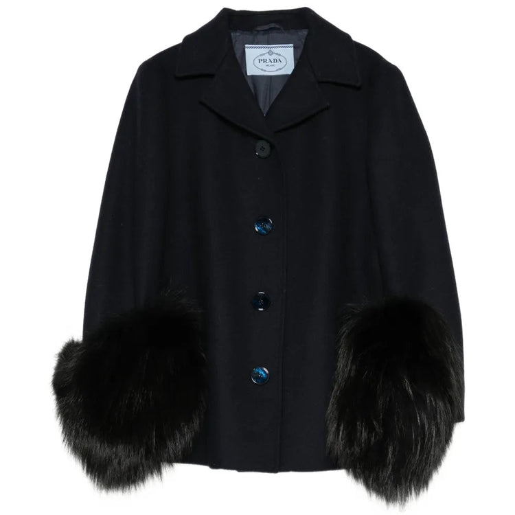 Prada wool blazer with a statement cuff, featuring a tailored fit and stylish design, ideal for sophisticated outerwear.