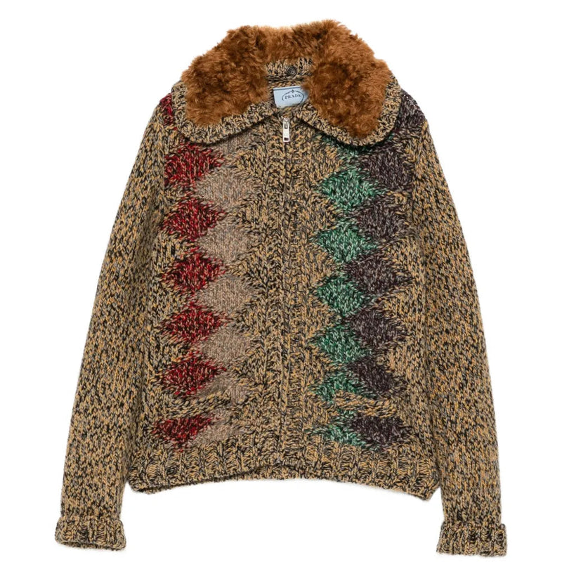 Prada zip-up cardigan with a detachable collar, stylish tops featuring a sleek design and comfortable fit.