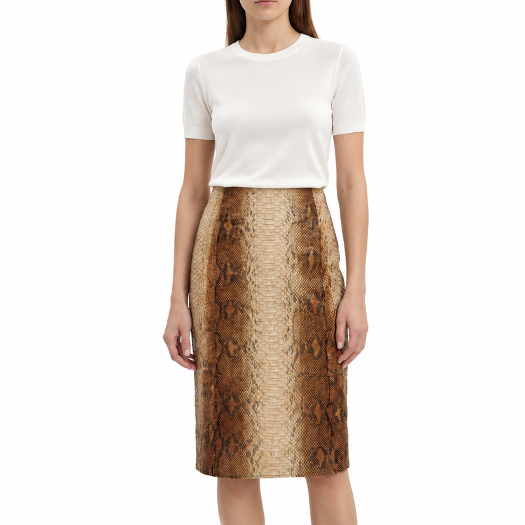 Beige Prada leather A-line skirt with brown python pattern, stylish high-waisted design, showcasing smooth leather texture and elegant fit.
