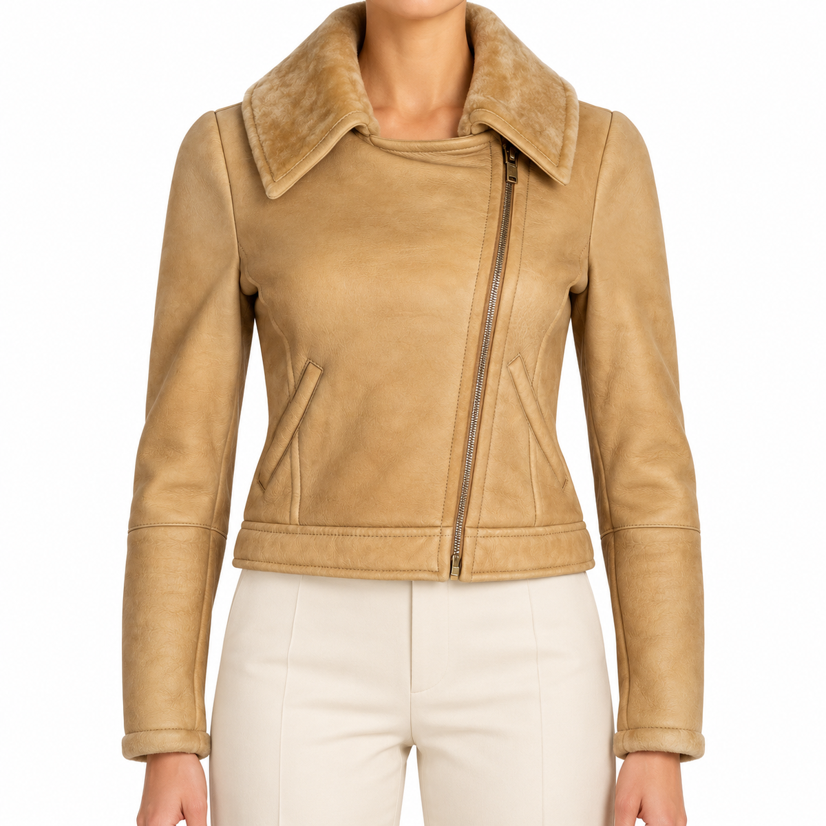 Prada beige shearling jacket for women, featuring soft plush lining and stylish coat design with collar and zip closure.