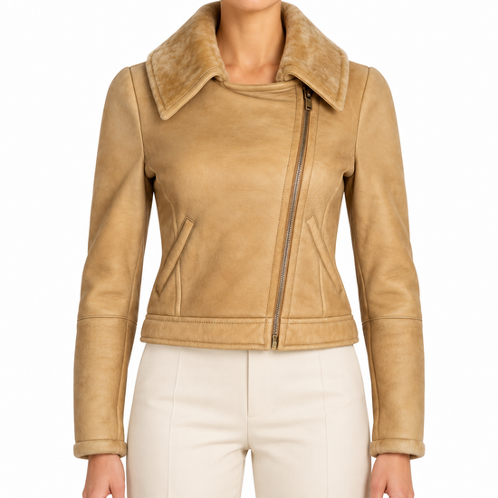 Prada beige shearling jacket for women, featuring soft plush lining and stylish coat design with collar and zip closure.