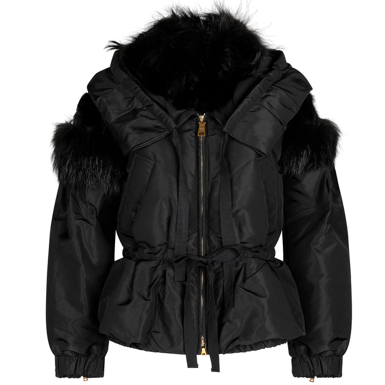Black Prada puffer jacket with fur trim, showcasing a stylish winter coat with a quilted design and plush fur collar.