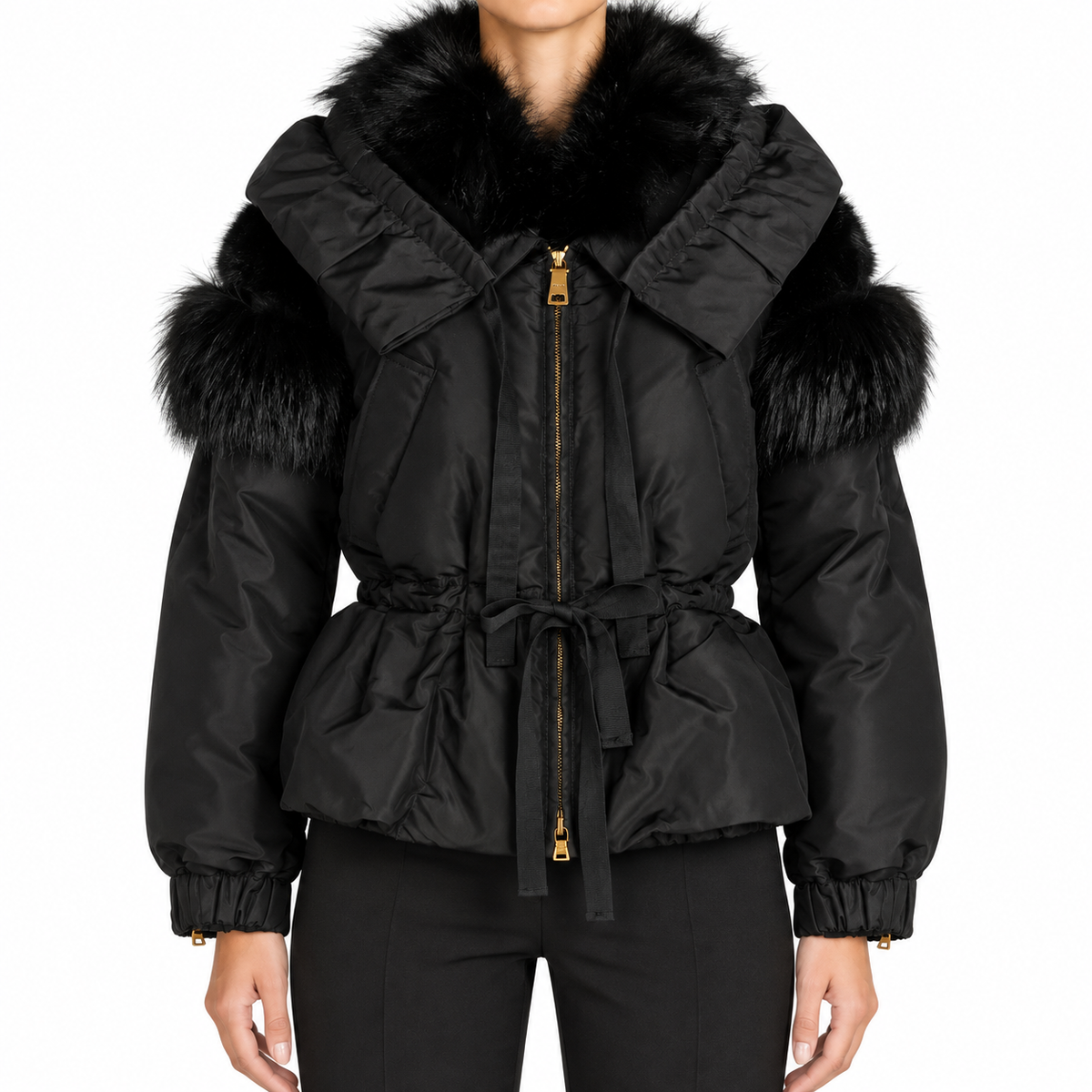 Black Prada puffer jacket with fur trim, featuring a quilted design and cozy winter style.