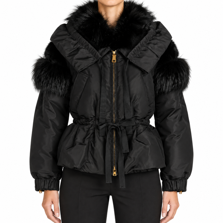 Black Prada puffer jacket with fur trim, featuring a quilted design and cozy winter style.