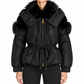 Black Prada puffer jacket with fur trim, featuring a quilted design and cozy winter style.