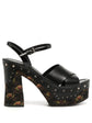 Prada floral platform sandals featuring colorful flower patterns on stylish open-toe shoes with chunky heels.