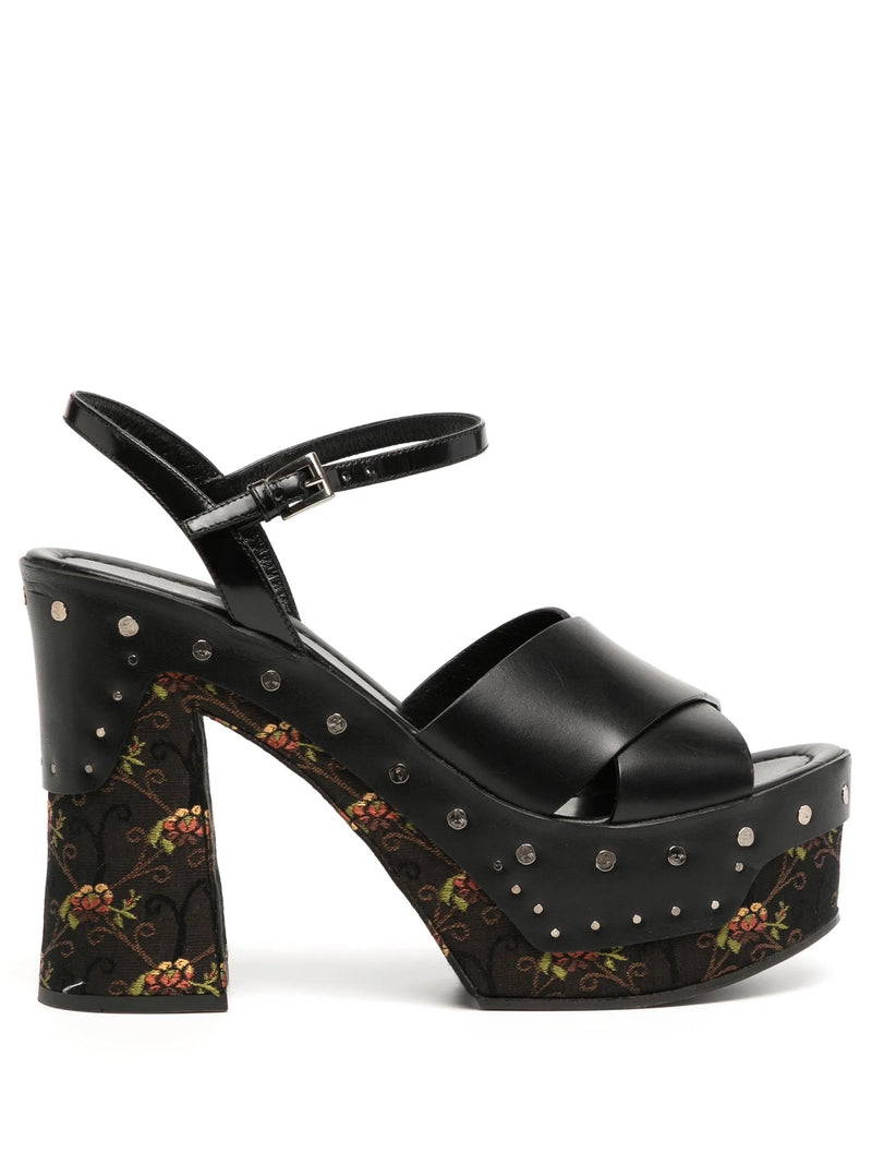 Prada floral platform sandals featuring colorful flower patterns on stylish open-toe shoes with chunky heels.