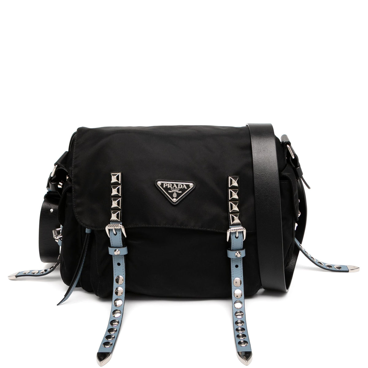 Prada studded shoulder bag with metal stud accents and leather strap showing on a neutral background.