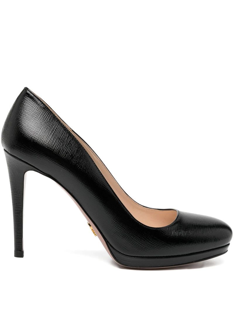 Black Prada Saffiano round toe pumps, stylish leather shoes with a sleek design and polished finish.