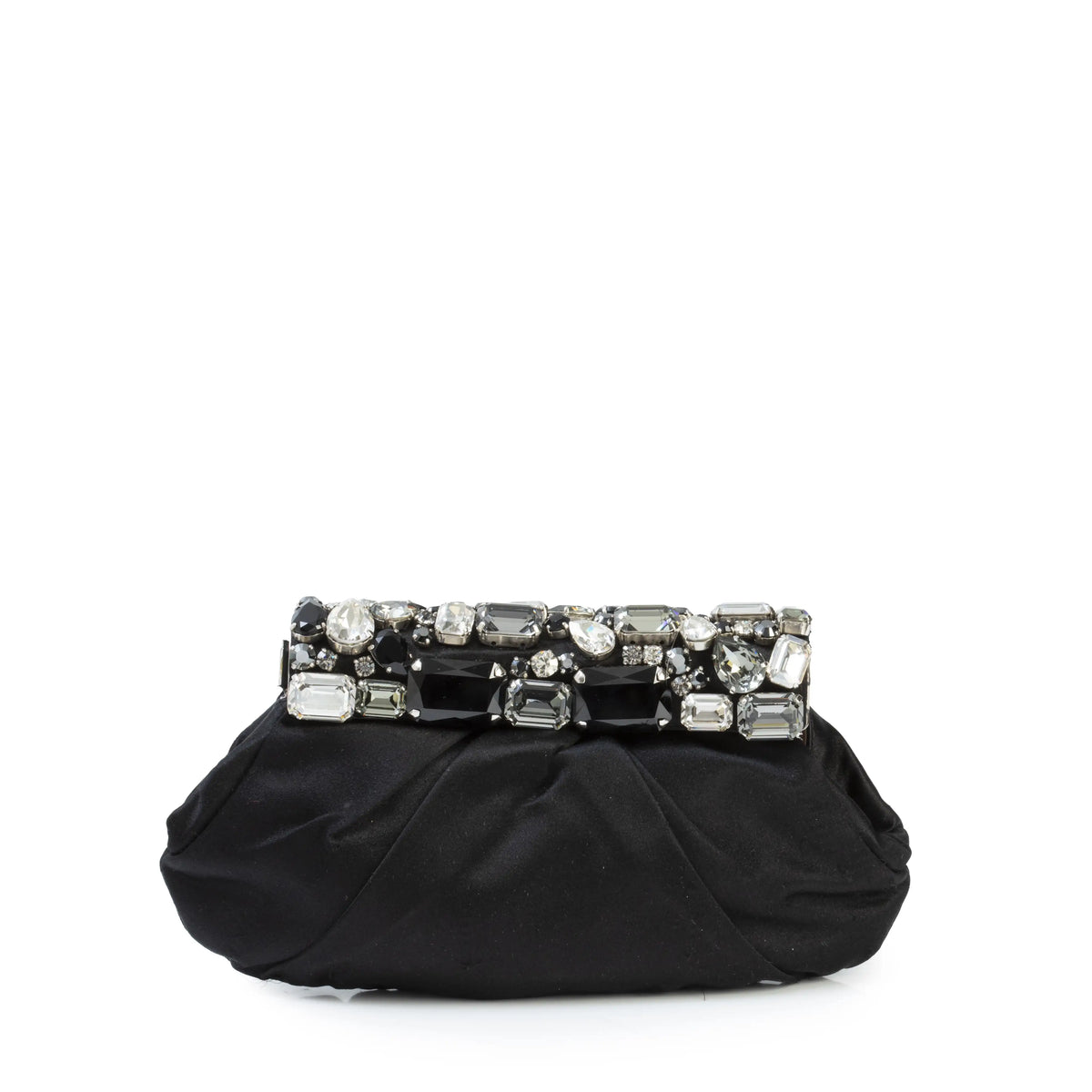 Prada black satin crystal clutch, front view