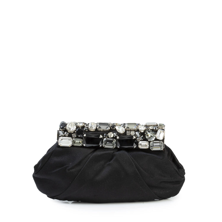 Prada black satin crystal clutch, front view